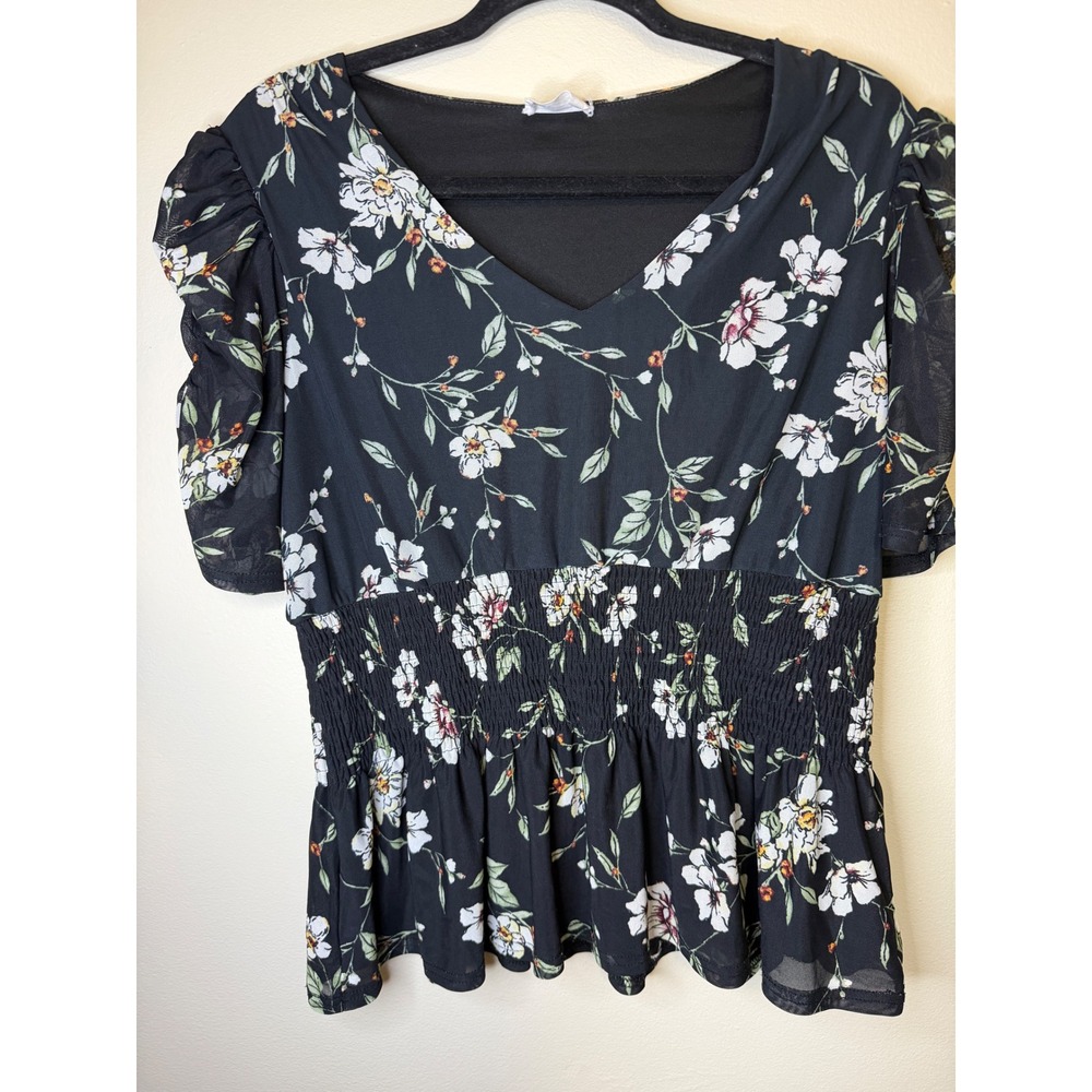 EMBER Floral Mesh Blouse Women's M Black Floral Smocked Waist Peplum Top